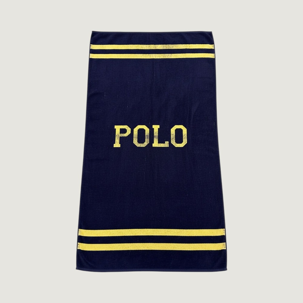 90s Polo Ralph Lauren Beach Towel Bath Blue Yellow Cotton Terry Striped Spellout
